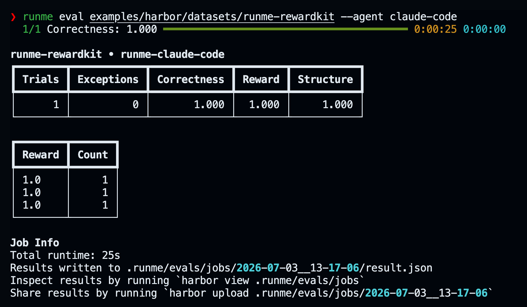 Runme eval CLI output showing one completed trial with perfect correctness