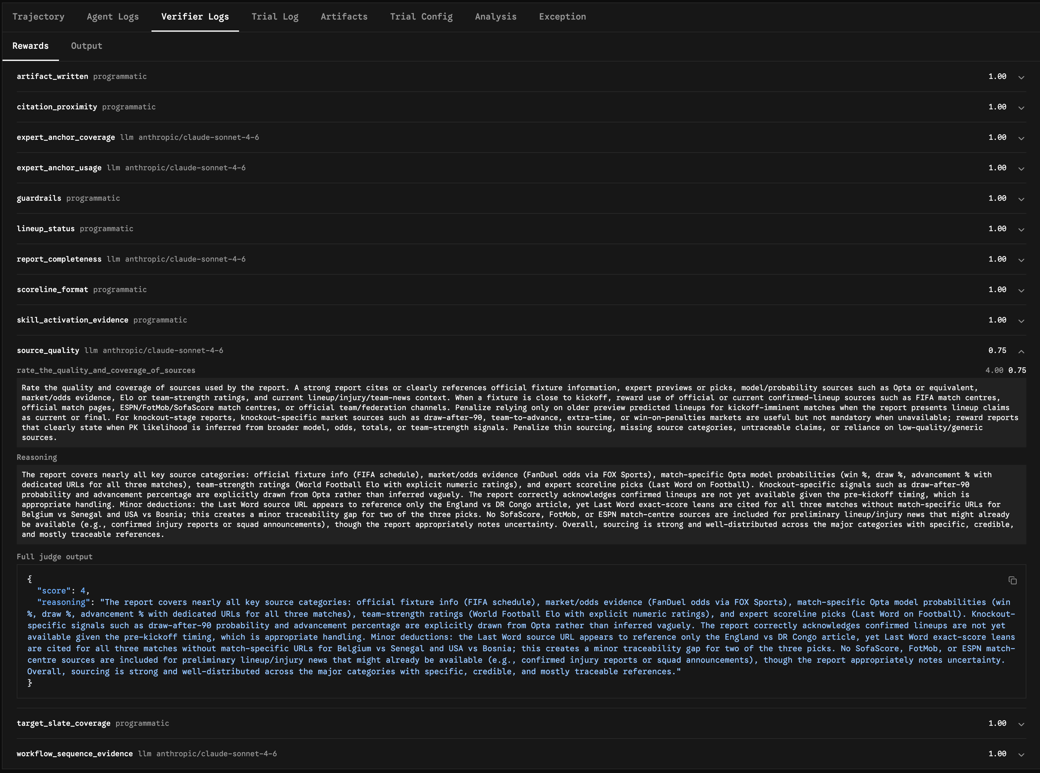 Harbor verifier logs showing reward scores and judge reasoning